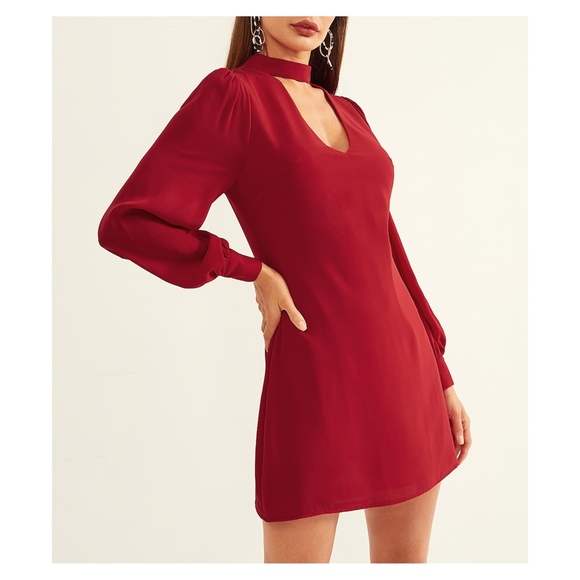 Burgundy Long Sleeve Shift Choker Cocktail Dress - Picture 5 of 6